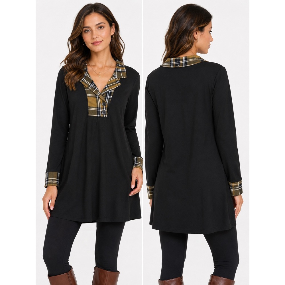 Gaharu Tunic Top Womens Large Black Plaid Collar Long Sleeve Academic Preppy